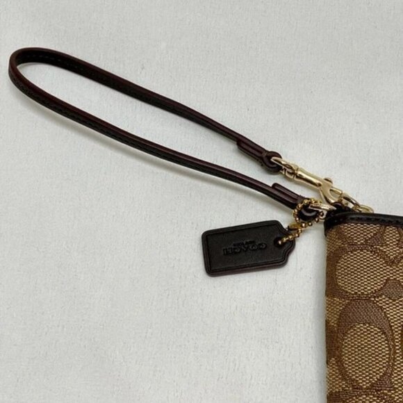 Coach Wristlet Brown Khaki Signature Canvas F53536 Gold Trim Corner Zip EUC - Picture 2 of 12